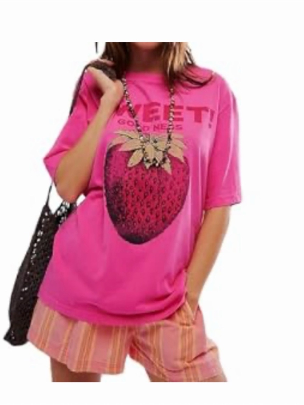 Amazon Pink Graphic Tee with Strawberry "SWEET! GOODNESS" Print